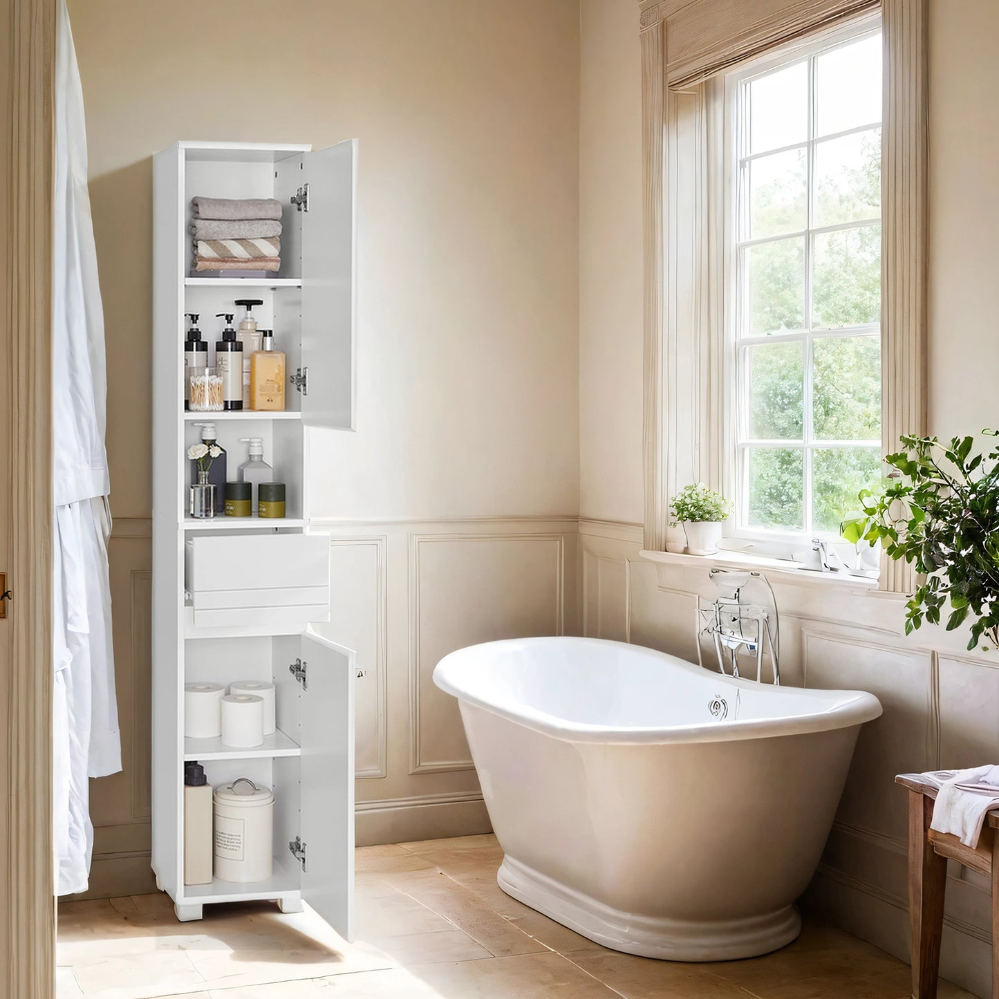 Bathroom Cabinet 30×30×170 cm – Schmaler Badezimmerschrank mit Schublade & Regalen