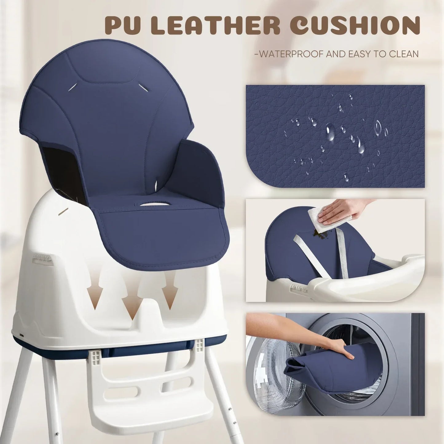 4-in-1 Baby-Hochstuhl mitwachsend - Verstellbar mit Sicherheitsgurt, Tablett & PU-Polster, Blau - FUXLShop