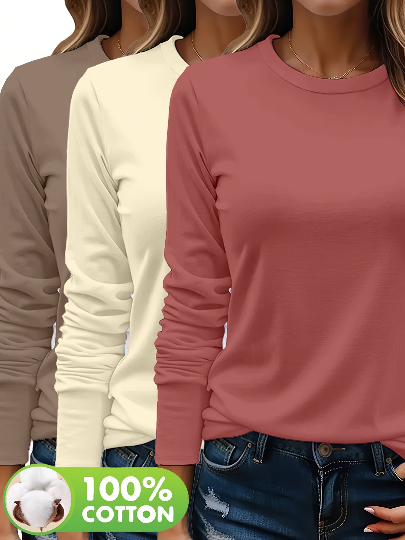 3er - Set Damen Langarmshirts aus 100 % schwerer Baumwolle – weich, langlebig, maschinenwaschbar – unifarben, bequem, für Alltag & jede Saison - FUXL - Shopify