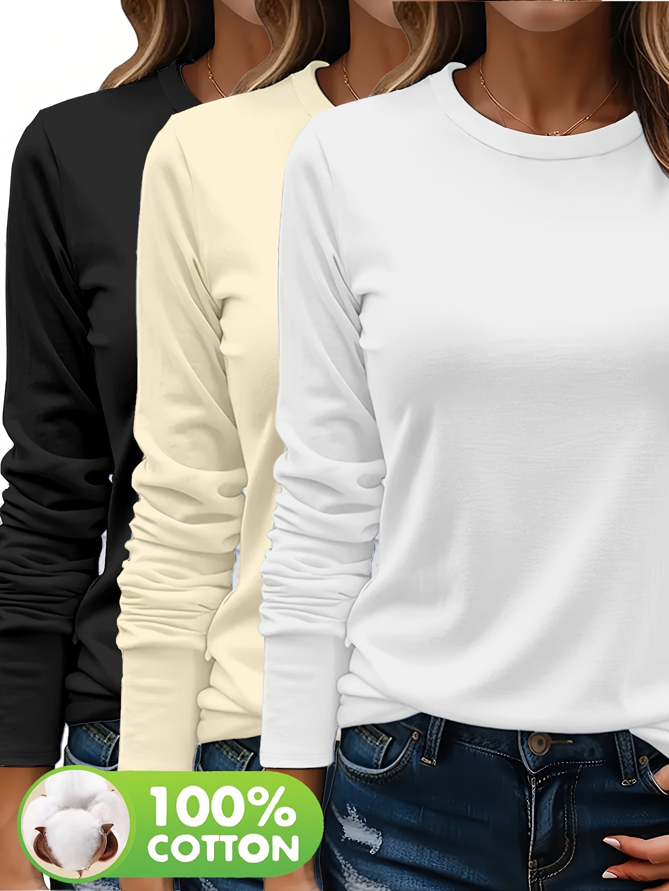 3er-Set Damen Langarmshirts aus 100 % schwerer Baumwolle – weich, langlebig, maschinenwaschbar – unifarben, bequem, für Alltag & jede Saison