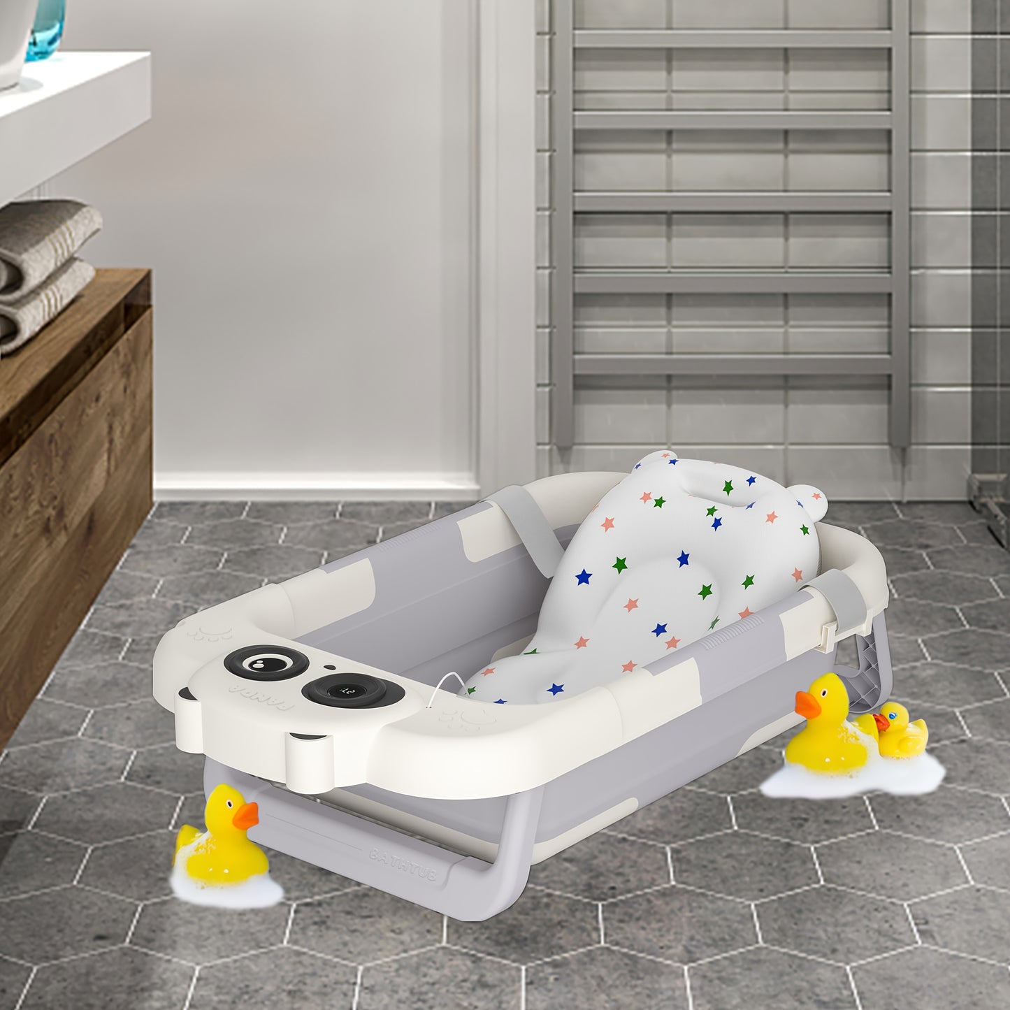 Faltbare Babybadewanne mit Badekissen & integriertem Thermometer – tragbar, rutschfest, leicht & stabil – ideal für Neugeborene, Kleinkinder, Reisen & Zuhause
