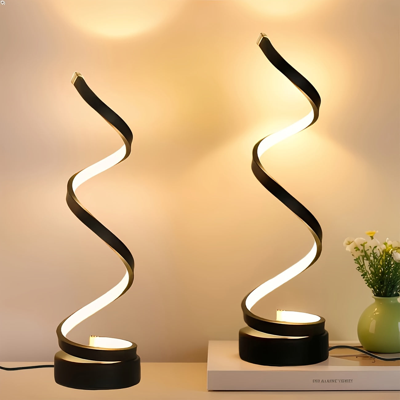 2er-Set Spiral LED Schreibtischlampen – 3 Lichtfarben, USB-betrieben – Modernes Design für Schlafzimmer, Wohnzimmer, Büro & Bar