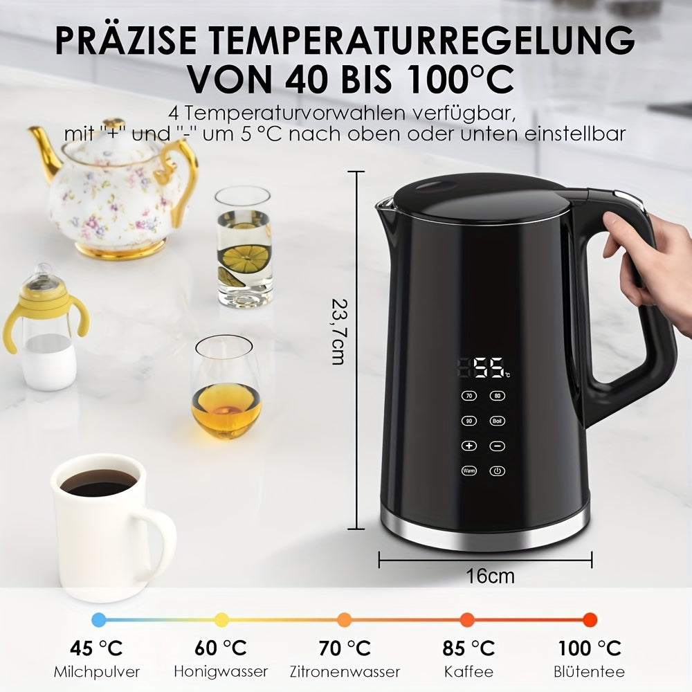 1,7L Edelstahl-Wasserkocher mit digitaler Temperaturregelung (40–100 °C), doppelwandig isoliert, BPA-frei, Trockenlaufschutz – für Haushalt & Gewerbe