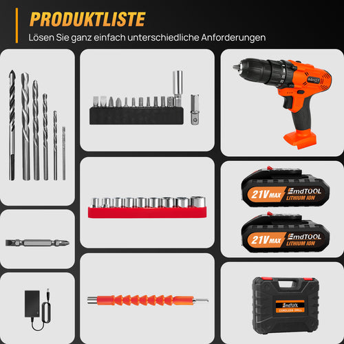 Cordless Drill 21V – 2 Batteries, 45 Nm, 25+1 Torque Settings, LED, 29-piece Set