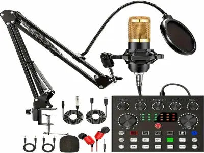 All-in-One Streaming Audio Kit mit BM800 Mikrofon, V8S Mixer & Zubehör – Metallgehäuse, USB, Geräuschunterdrückung, Soundeffekte, Dual-Device, ideal für Podcast & YouTube - FUXLShop