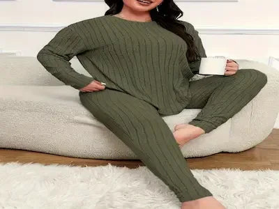 Damen Lounge Set Plus Size 2-teilig – Ribbed Top Langarm & Leggings, bequem für Zuhause - FUXLShop