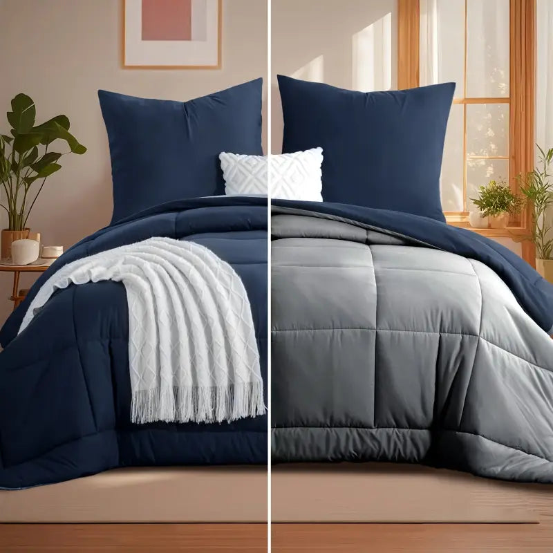 Navyblaues wendbares steppdecken-set 2-teilig mit kissenbezügen und weißer strukturierter ganzjahresdecke online bestellen ideal als geschenkideen