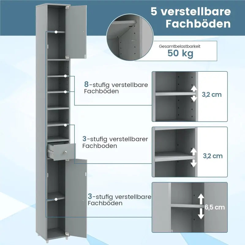 Grauer metall schmaler badezimmerschrank 20x20x180 mit verstellbaren regalböden und zwei türen plus schublade