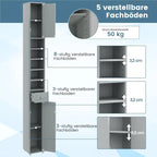 Grauer metall schmaler badezimmerschrank 20x20x180 mit verstellbaren regalböden und zwei türen plus schublade