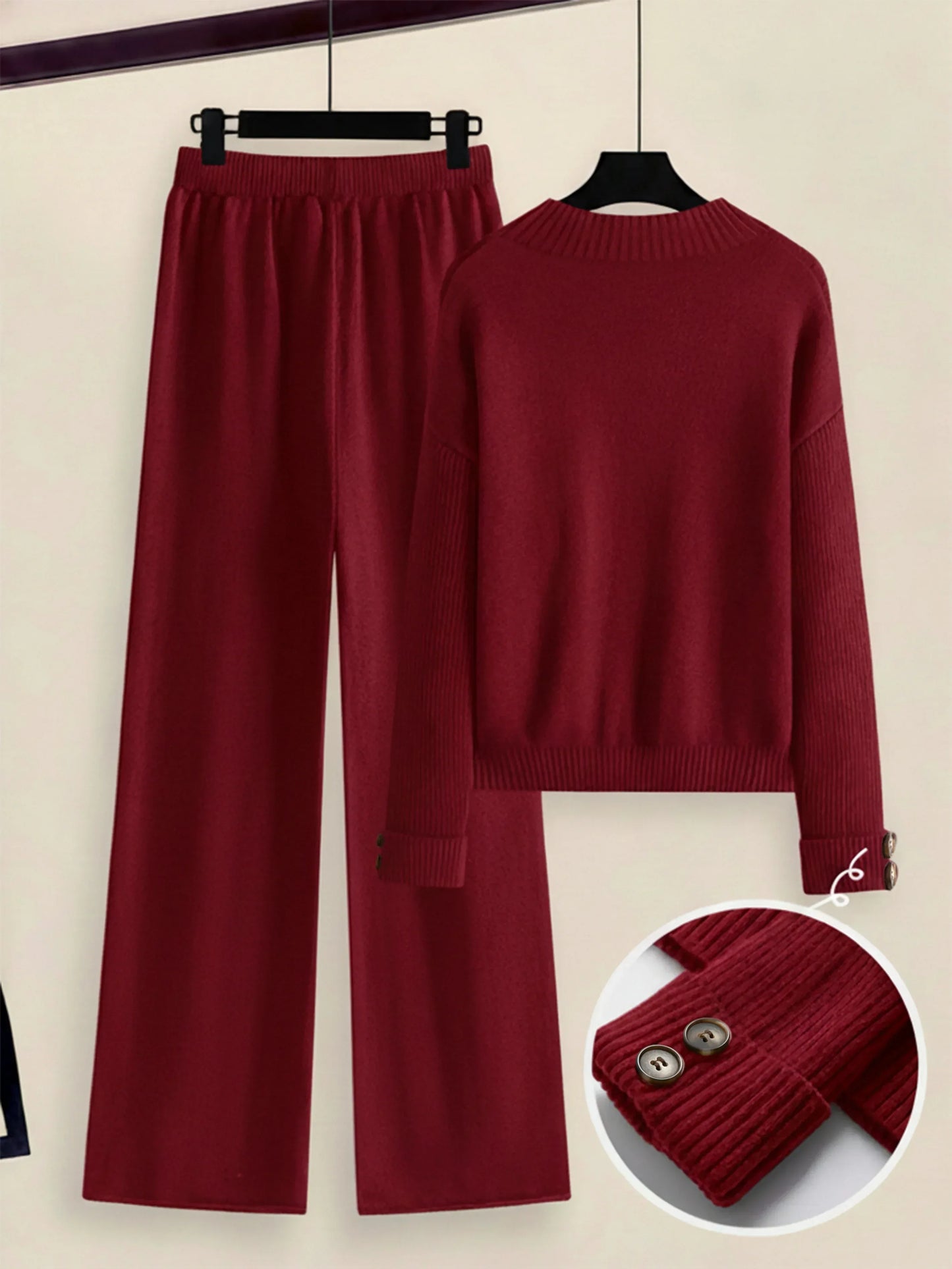 Damen Zweiteiler-Set mit Seitenstreifen – Rundhals Pullover & Gerade Hose, Weiche Freizeitkleidung für Herbst & Winter - FUXLShop