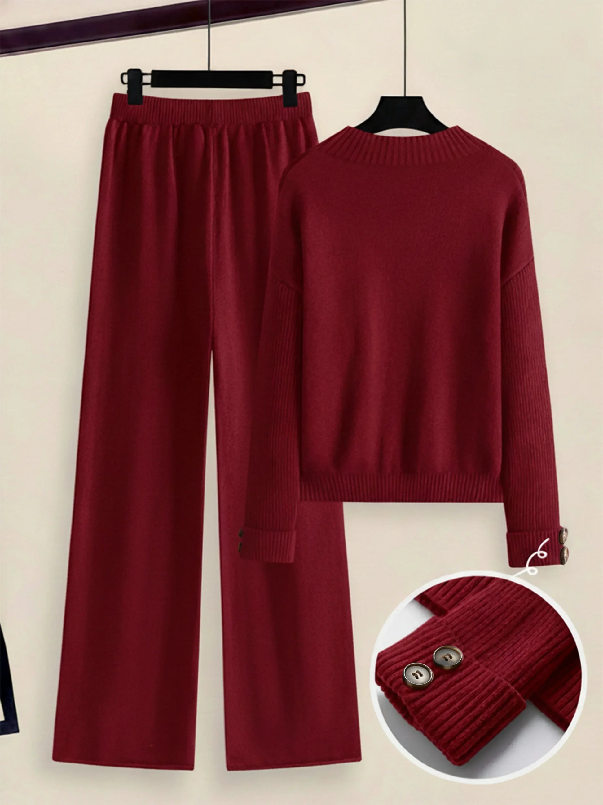 Damen Zweiteiler-Set mit Seitenstreifen – Rundhals Pullover & Gerade Hose, Weiche Freizeitkleidung für Herbst & Winter - FUXLShop