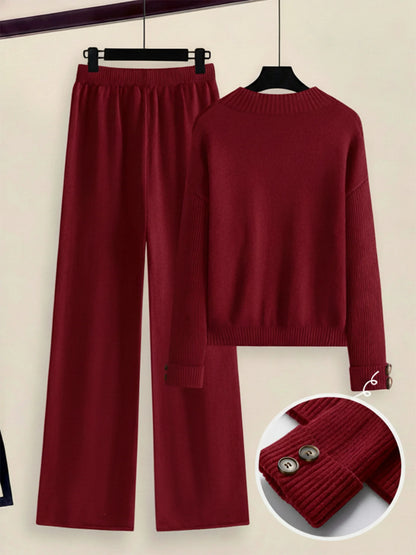 Damen Zweiteiler-Set mit Seitenstreifen – Rundhals Pullover & Gerade Hose, Weiche Freizeitkleidung für Herbst & Winter - FUXLShop