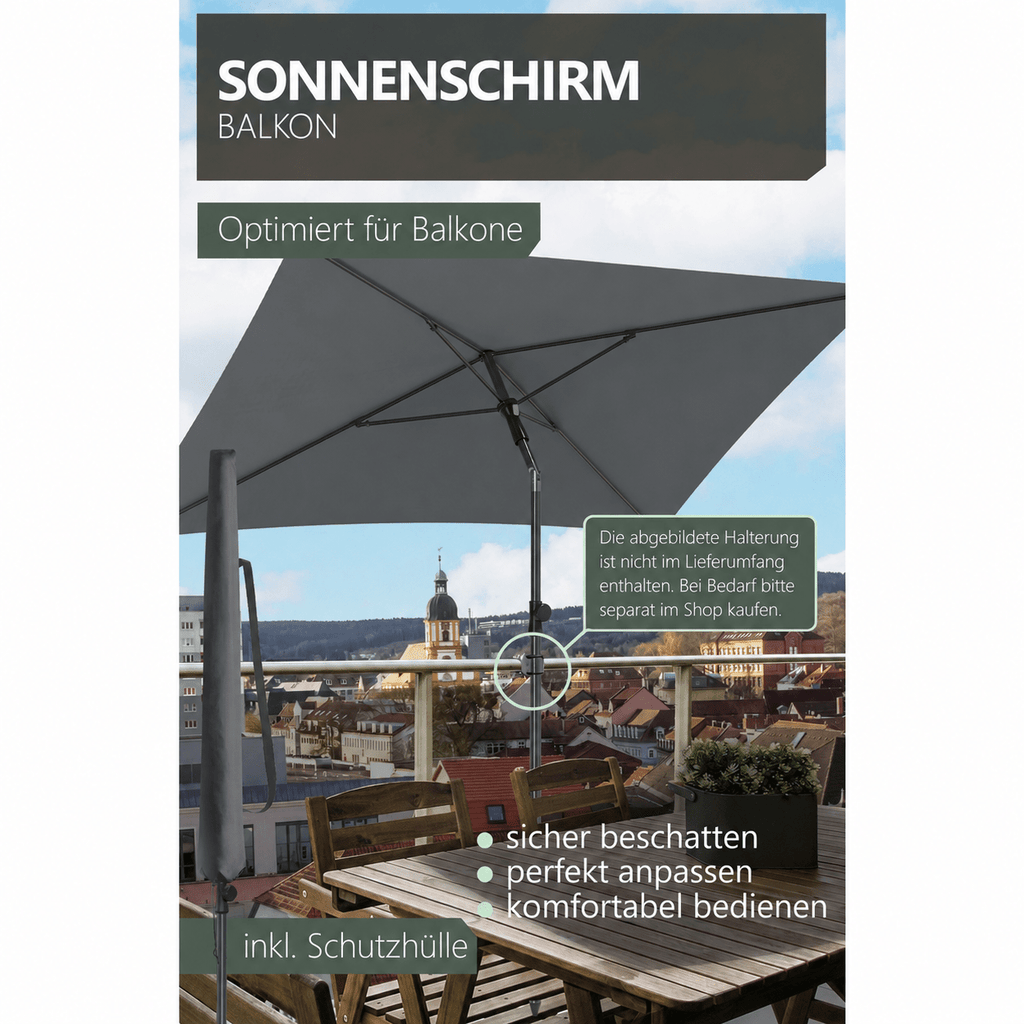 Balkon-Sonnenschirm 200x125 cm UV50+ – Höhenverstellbar, faltbar, mit Schutzhülle