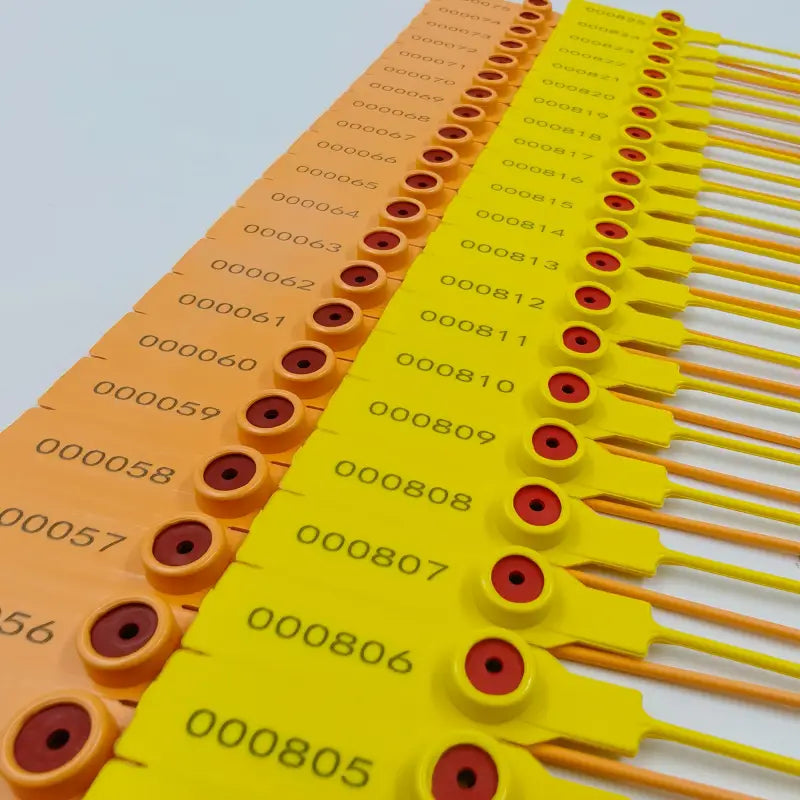 Reihen sicherheitsplomben selbstsichernd 20 cm in gelb und orange mit roten siegeln und schwarzen nummern zum online bestellen