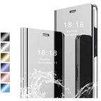 Silberner samsung flip case mit smart view fenster und spiegelnder oberfläche zeigt zeitanzeige perfekt zum online bestellen und als geschenkideen