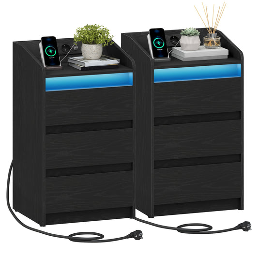 2er-Set Nachttische mit 3 Schubladen, LED-Licht & Ladestation – 2 Steckdosen, 2 USB-Ports, Weiß, ideal für Schlafzimmer & Wohnzimmer, montierbar