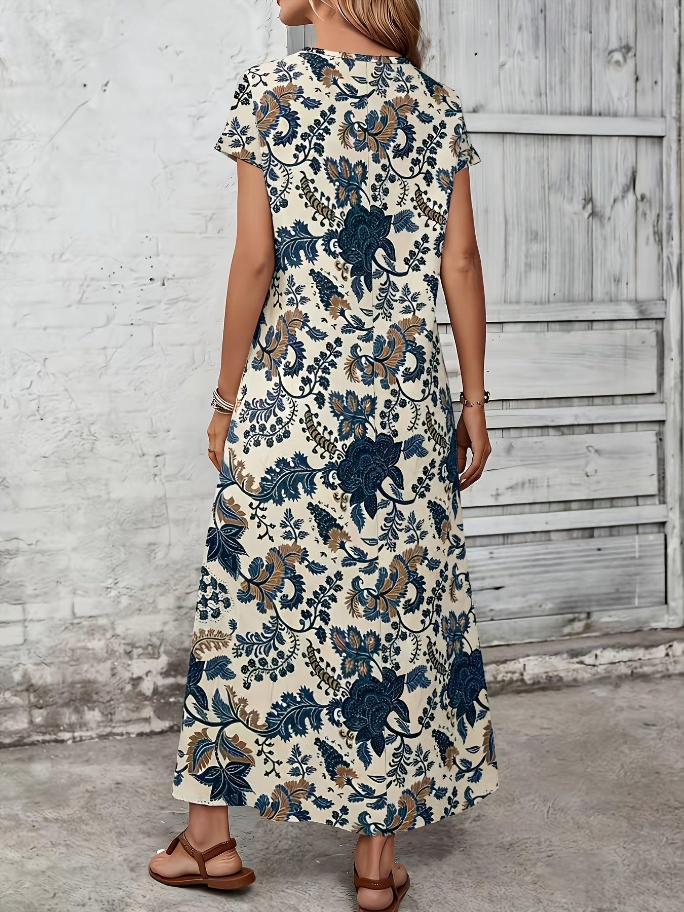 Women's Floral Short-Sleeve Dress – Loose, Round Neck, Maxi Summer Dress