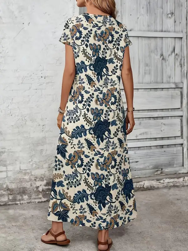 Flussiges off-white damen blumenkleid kurzarm mit navy-blau goldenen floralen mustern und rundhalsausschnitt