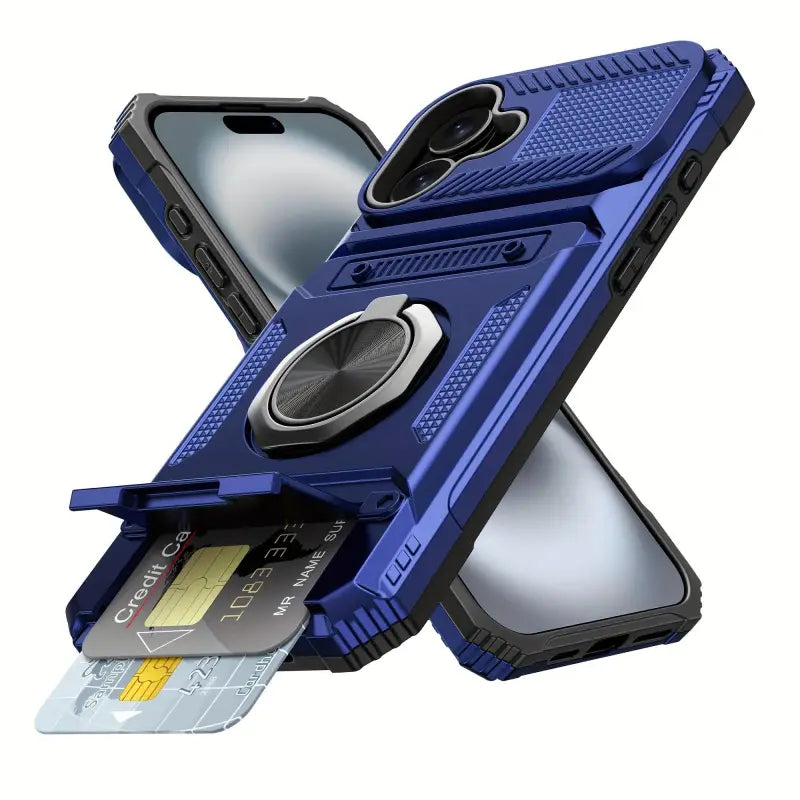 Blaue stoßfeste handyhülle mit metallhalter und dual-kartenslot für iphone 11–17 pro max zum online bestellen