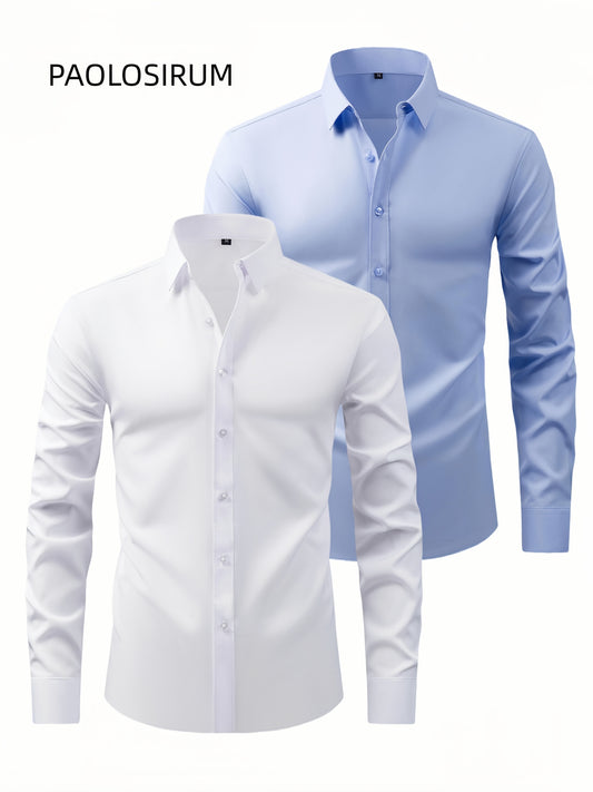 2er-Set Herren-Shirts – Einfarbig, elastisch, Ice-Silk-Stoff, atmungsaktiv & bequem, Business-Casual mit Zwei-in-Eins-Kragen, pflegeleicht