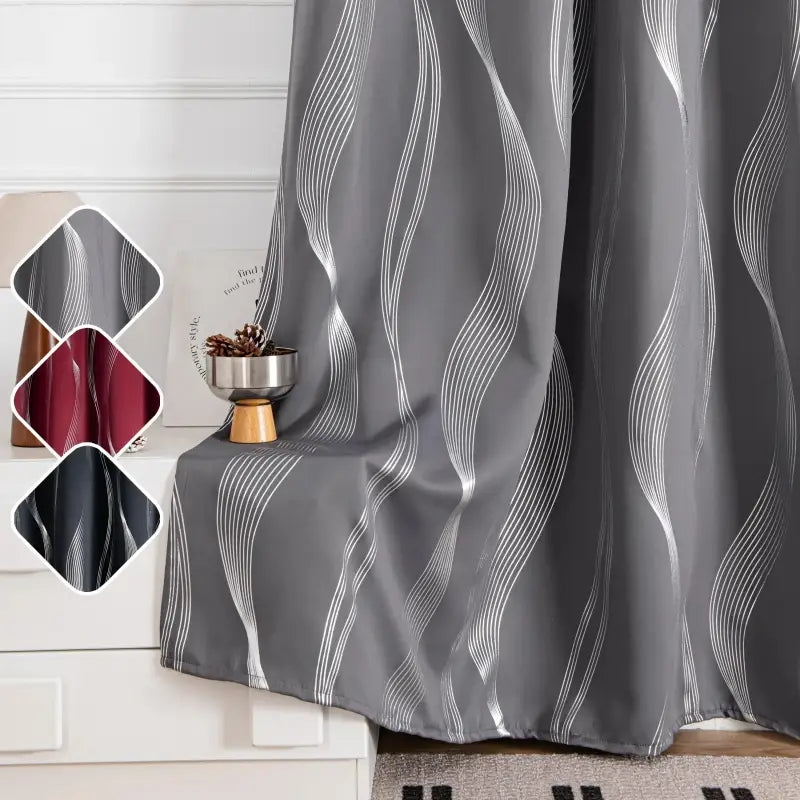 Verdunkelungsvorhänge 2er set 213cm lang mit geometrische wellen-muster silber in grau und weiße wellen
