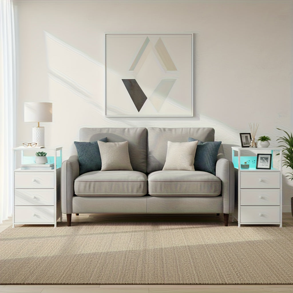 AMHANCIBLE Nachttisch mit LED Beleuchtung und 3 Stoffschubladen