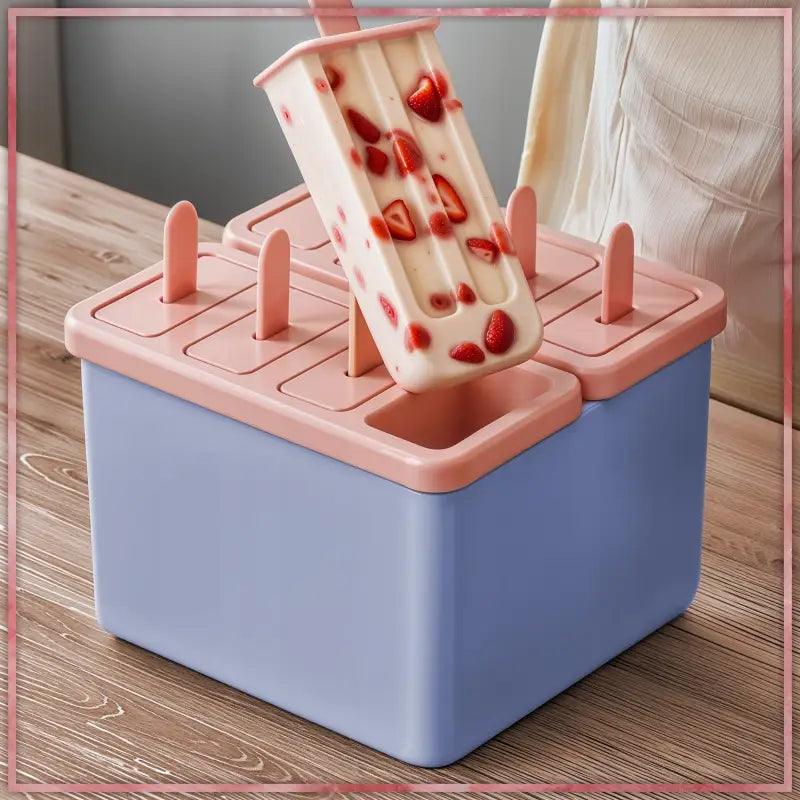Pastellblaue und rosa silikon kuketo eisformen 8er-set mit erdbeer-eis am stil wird herausgenommen spülmaschinenfest