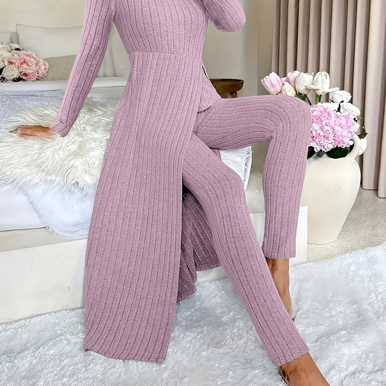 1 Clothes 1 Pants Casual Loose Long Sleeve Dress & Pants Set – Soft Fleece, 3D Stripe Design, hoher Schlitz, Crew Neck, bequem für Alltag & Zuhause