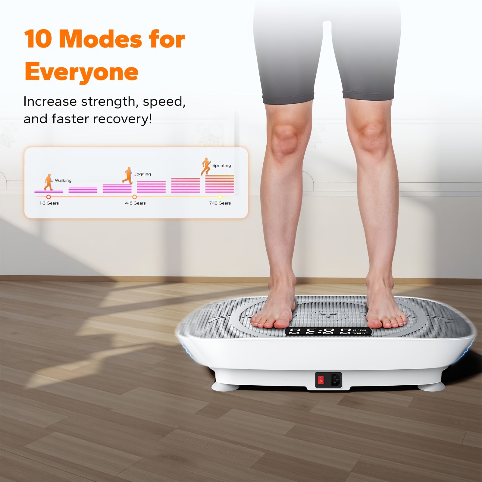 Frauen Vibrationsplatte – kompakte weiße Fitnessplattform mit LED-Display, Fernbedienung und rutschfestem Silikonpad für leises Ganzkörpertraining, Muskelstraffung und Core-Stärkung zuhause.
