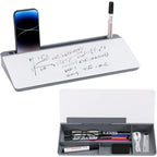 Graues schreibtisch-whiteboard mit handyhalter und stiften in modernem design als desktop memoboard weiß