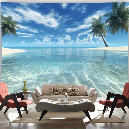 Großer tropischer Strand-Wandteppich – 2D Wandbild mit Palmen & klarem Wasser, inkl. Zubehör, ideal für Schlafzimmer & Wohnzimmer, Strand-Deko - FUXLShop