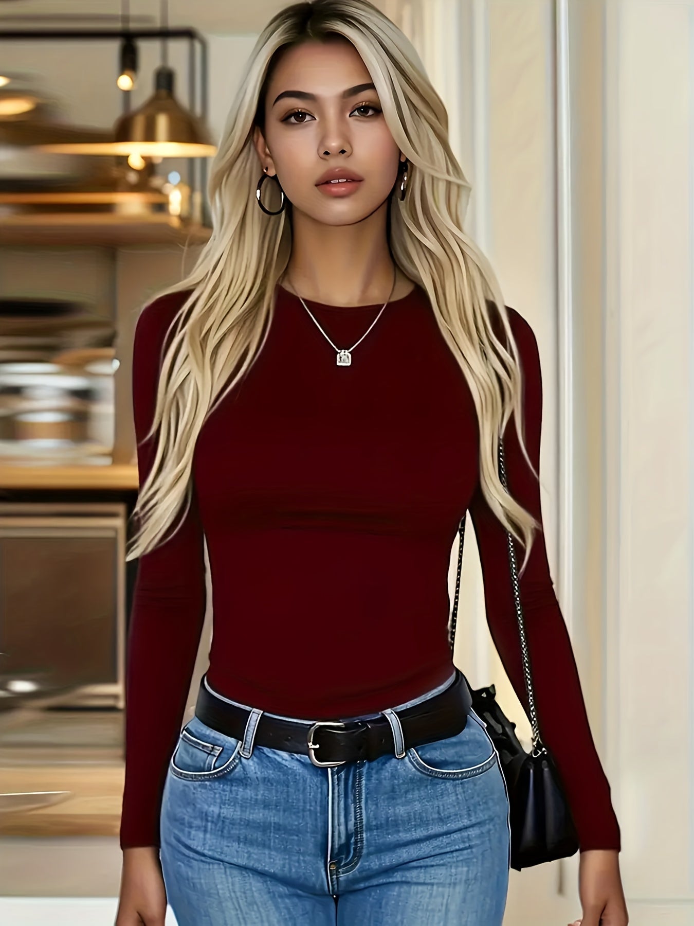 4er-Pack Damen Langarmshirts Rundhals – Stretch Basic-Tops Uni-Farben