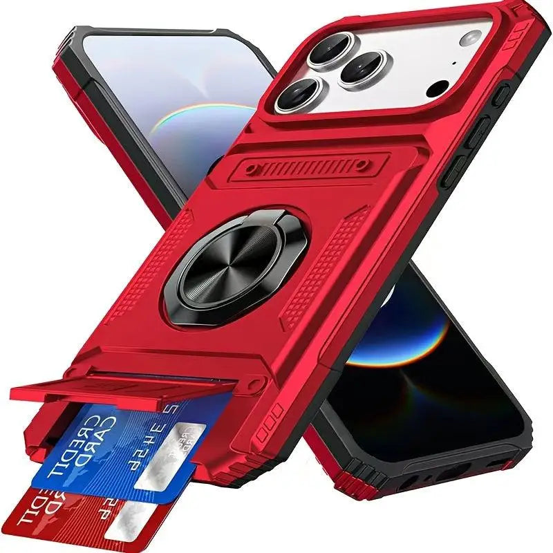 Rote und schwarze stoßfeste handyhülle mit metallhalter magnetring, dual-kartenslot und griffigem design fürs iphone 11–17 pro max online bestellen