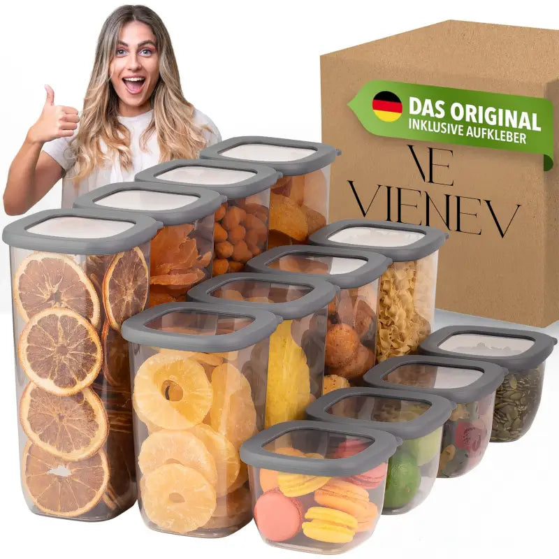 Klare kunststoff-vorratsdosen mit grauen silikon-lidern in verschiedenen größen 12-teiliges vorratsdosen-set luftdicht