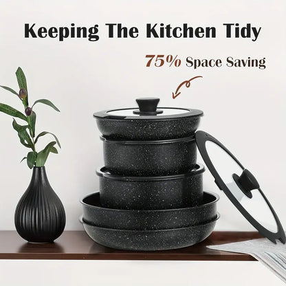 Antihaft-Kochgeschirr-Set mit abnehmbaren Griffen, spülmaschinenfest, induktionsgeeignet – Schwarz