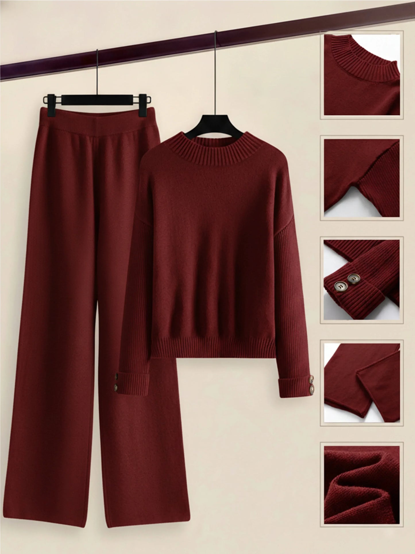 Damen Zweiteiler-Set mit Seitenstreifen – Rundhals Pullover & Gerade Hose, Weiche Freizeitkleidung für Herbst & Winter - FUXLShop
