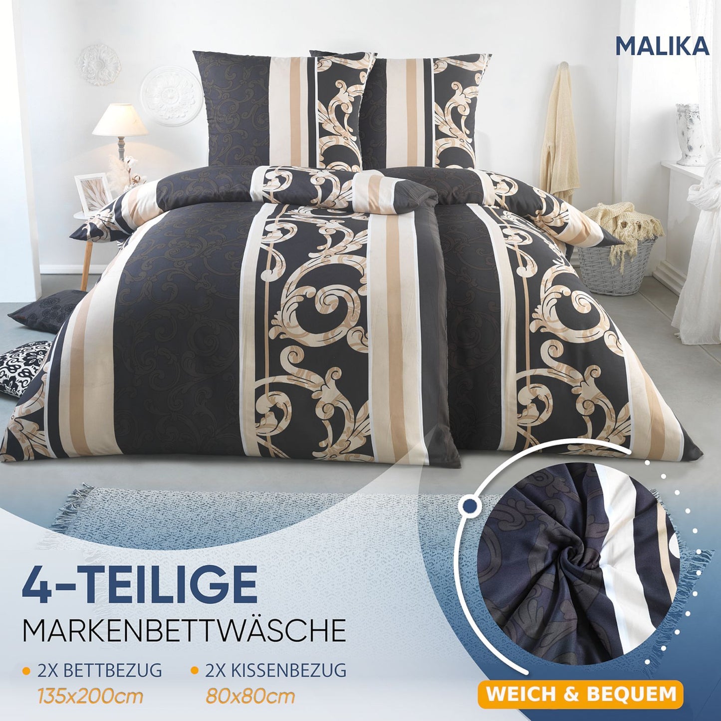 Bettwäsche-Set 135x200 4-teilig – Allergikerfreundlich – Spannbettlaken 135x200 & Kissenbezug 80x80 | Modern & Hochwertig
