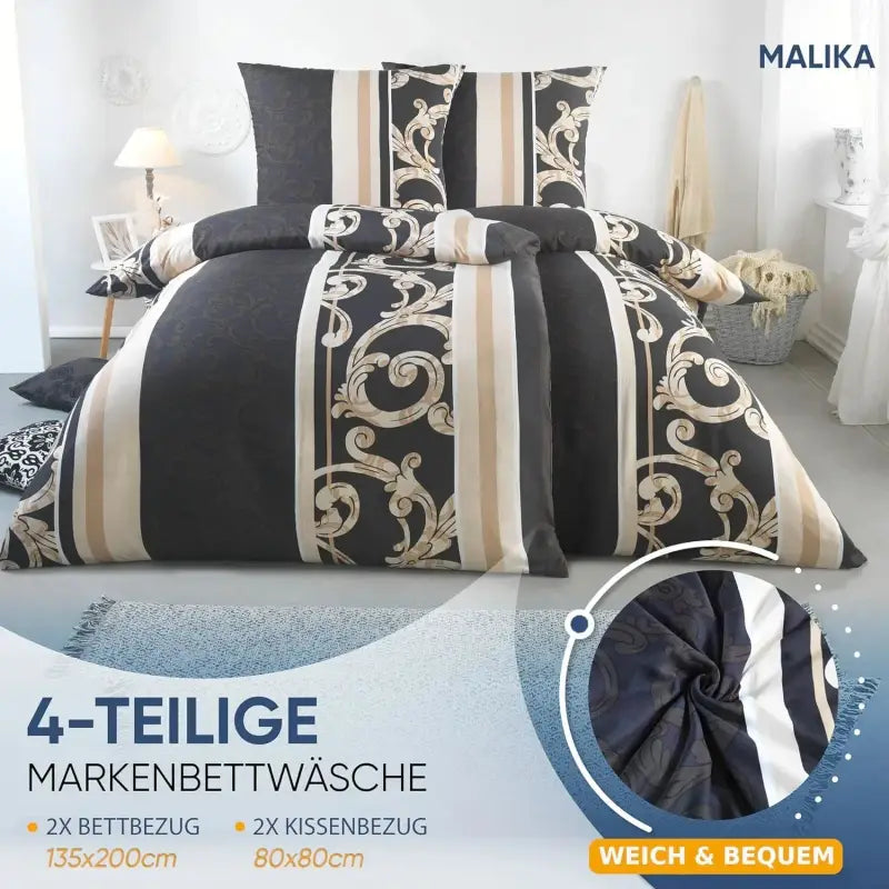 Luxuriöses bettwäsche-set 135x200 4-teilig mit schwarz-creme streifen und goldornamenten in satinoptik