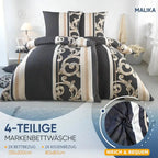 Luxuriöses bettwäsche-set 135x200 4-teilig mit schwarz-creme streifen und goldornamenten in satinoptik