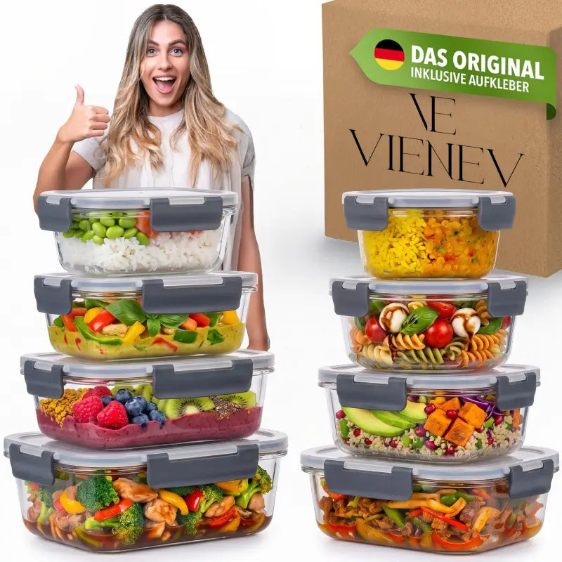 16-teiliges glasbehälter-set mit luftdichten borosilikatgläsern und grauen silikon lids von ve vie nev online bestellen