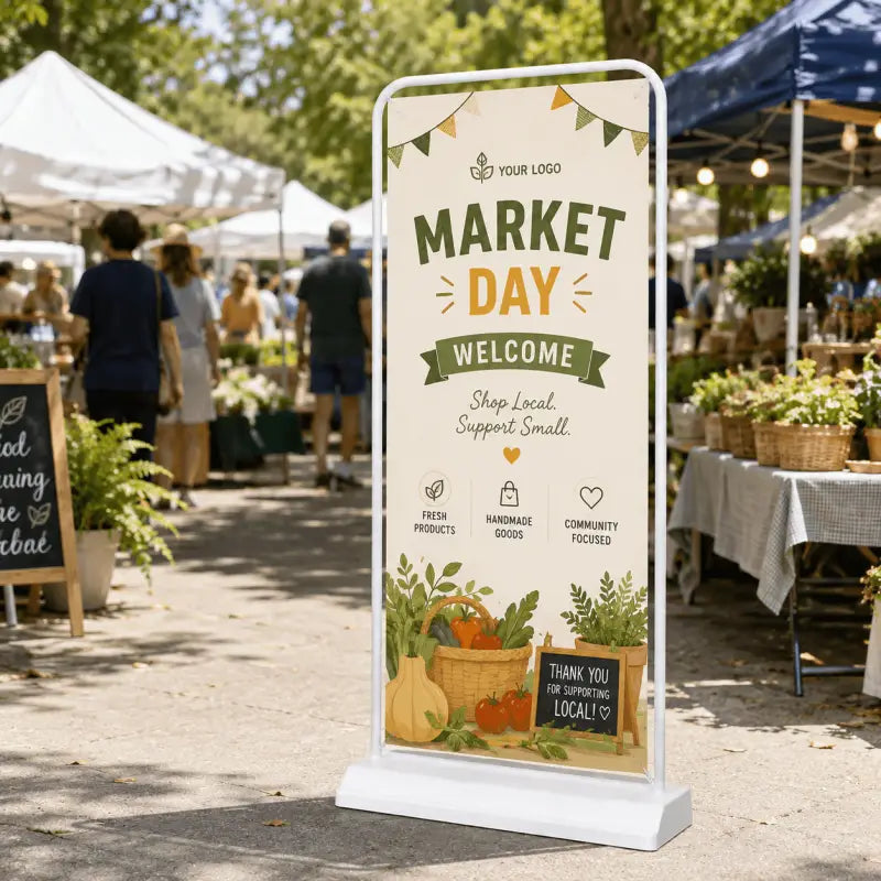 Weiß gerahmtes outdoor display stand 80x180cm mit beigem hintergrund und grüner gelber marktday beschriftung