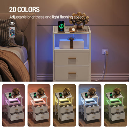2er-Set Nachttische mit LED & Ladefunktion – Stoffschubladen, USB/Steckdose, Weiß/Schwarz