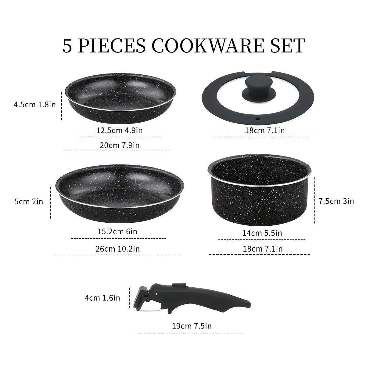 Kpxsiaion Keramik Antihaft-Kochgeschirr-Set mit abnehmbaren Griffen, induktionsgeeignet, stapelbar & ofenfest – Schwarz