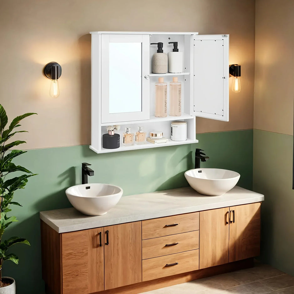 Badezimmer Spiegelschrank Weiß Vintage - Wandschrank mit 2 Türen & Regal