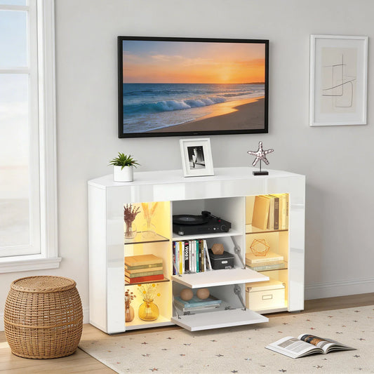 TV-Eckschrank Hochglanz Weiß mit RGB-LED – 100×40×68 cm, 2 Schubladen & Glasfächer