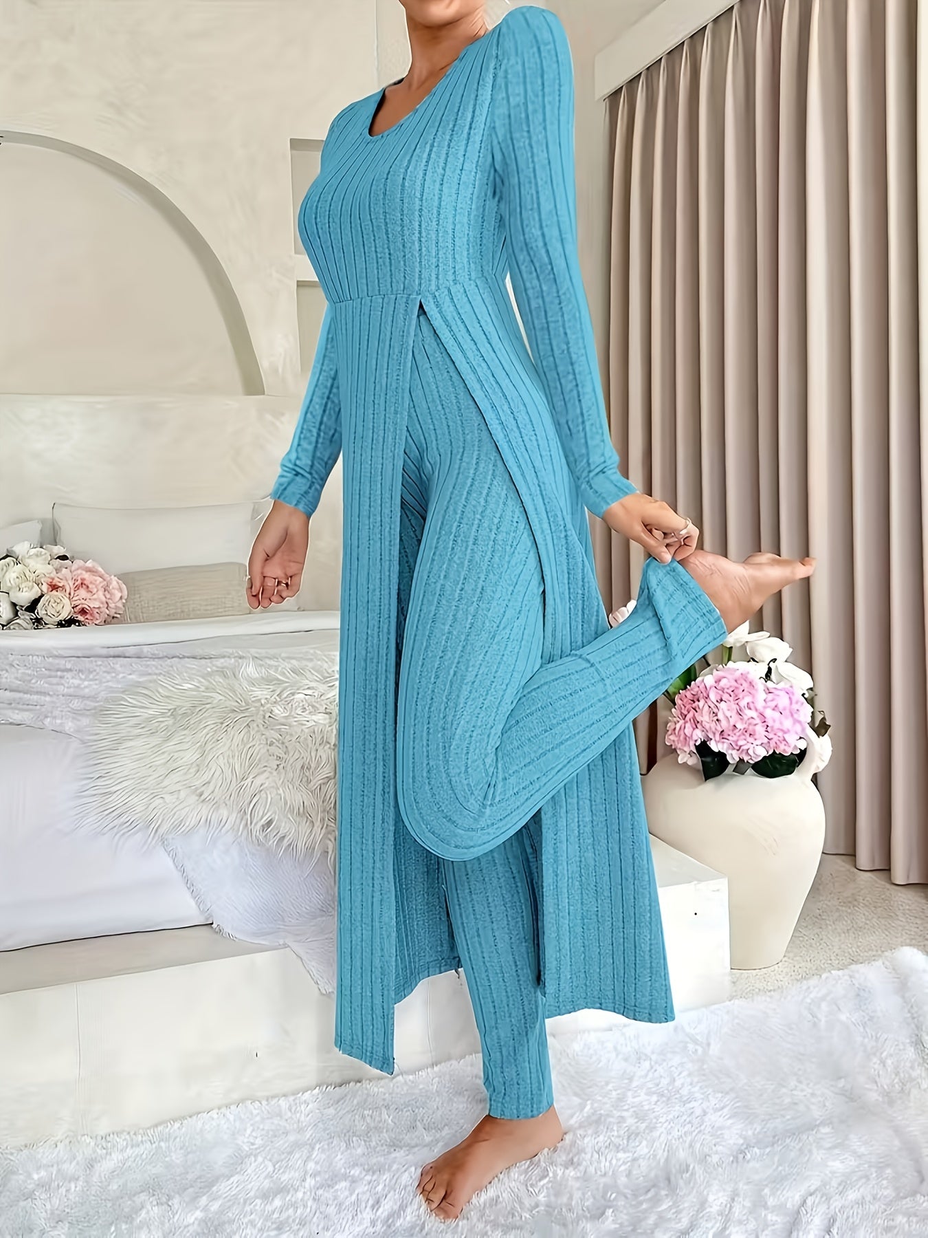 1 Clothes 1 Pants Casual Loose Long Sleeve Dress & Pants Set – Soft Fleece, 3D Stripe Design, hoher Schlitz, Crew Neck, bequem für Alltag & Zuhause