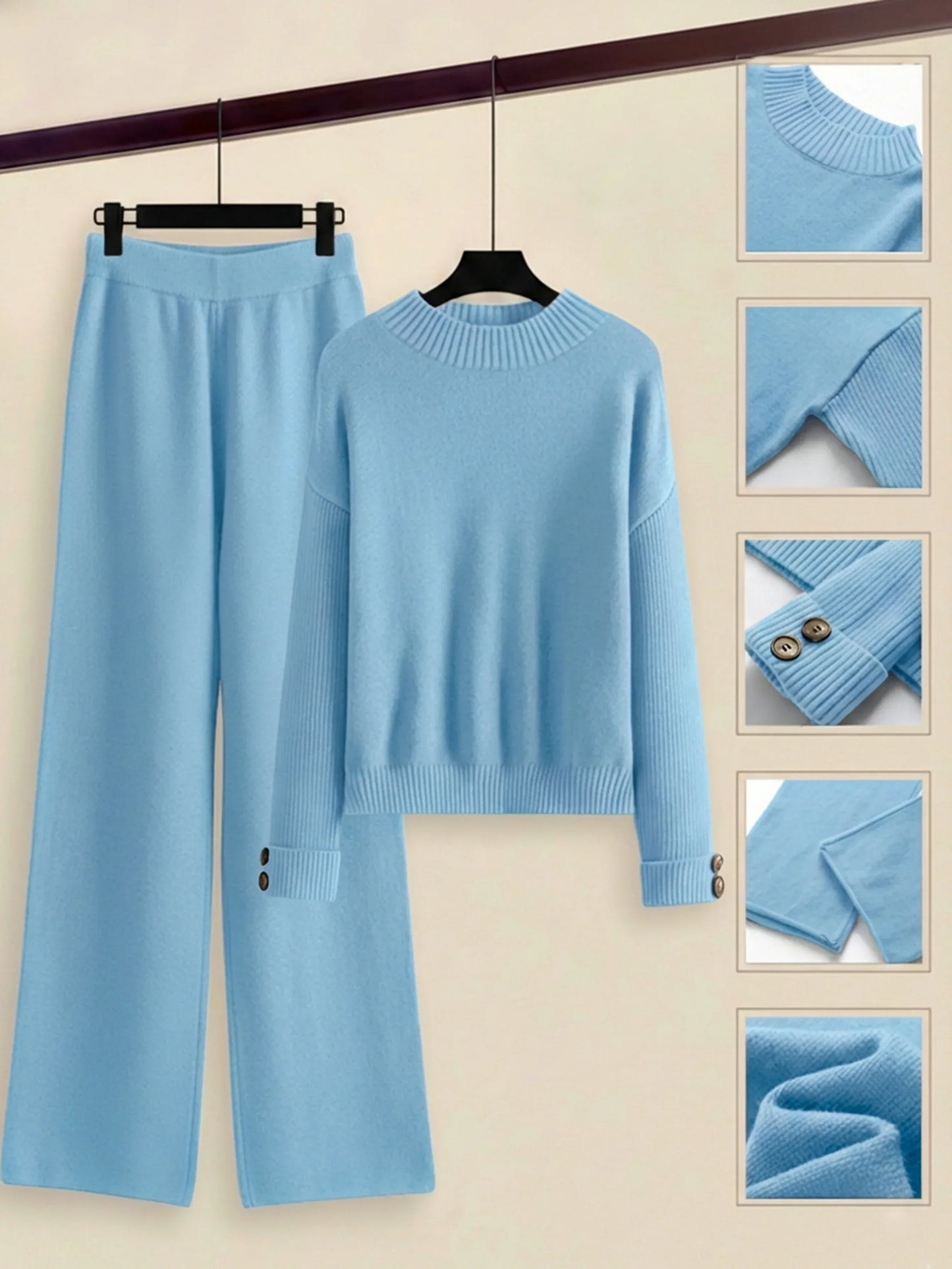 Damen Zweiteiler-Set mit Seitenstreifen – Rundhals Pullover & Gerade Hose, Weiche Freizeitkleidung für Herbst & Winter - FUXLShop