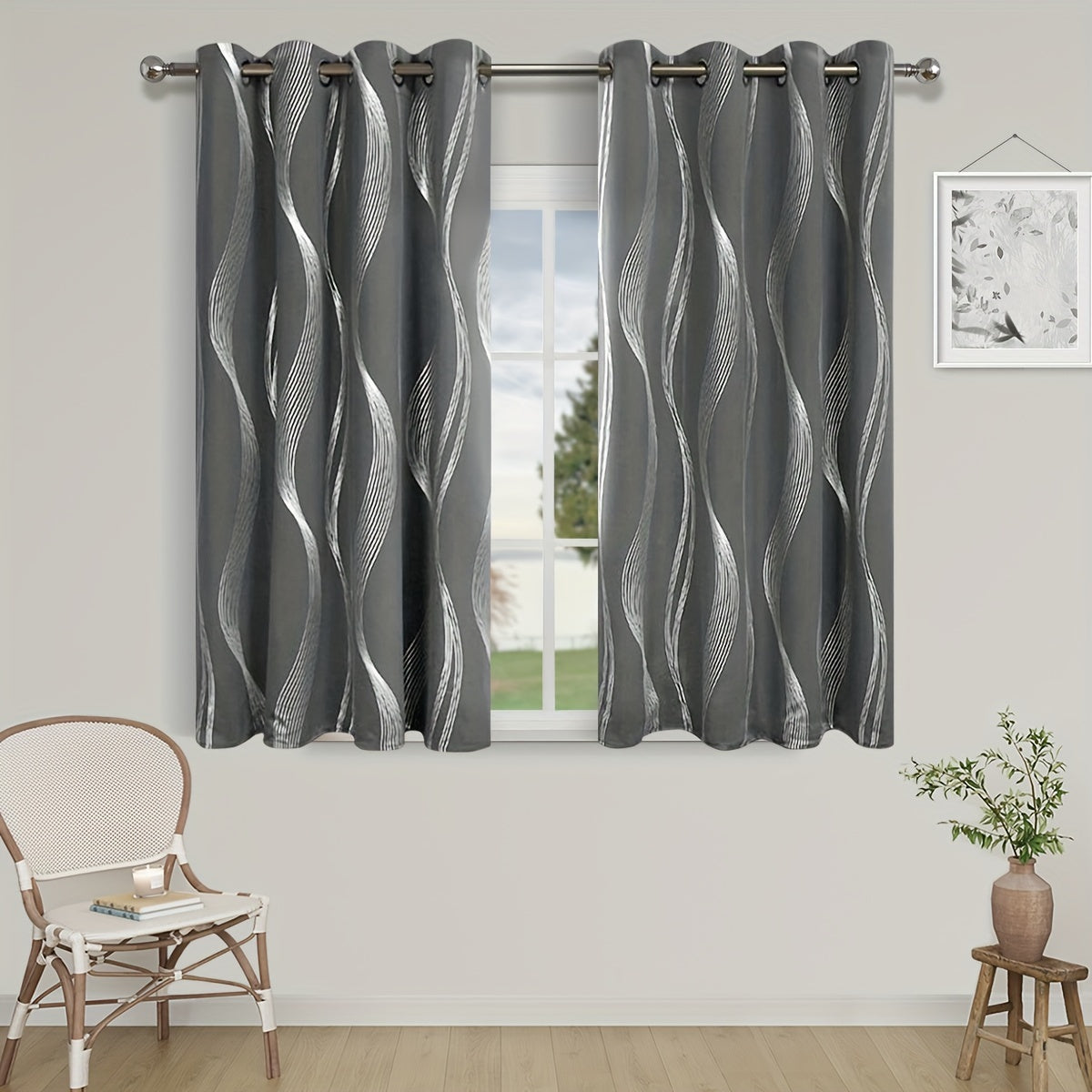 Verdunkelungsvorhänge Schwarz-Weiß Wellenmuster 2er Set - Ösenvorhänge