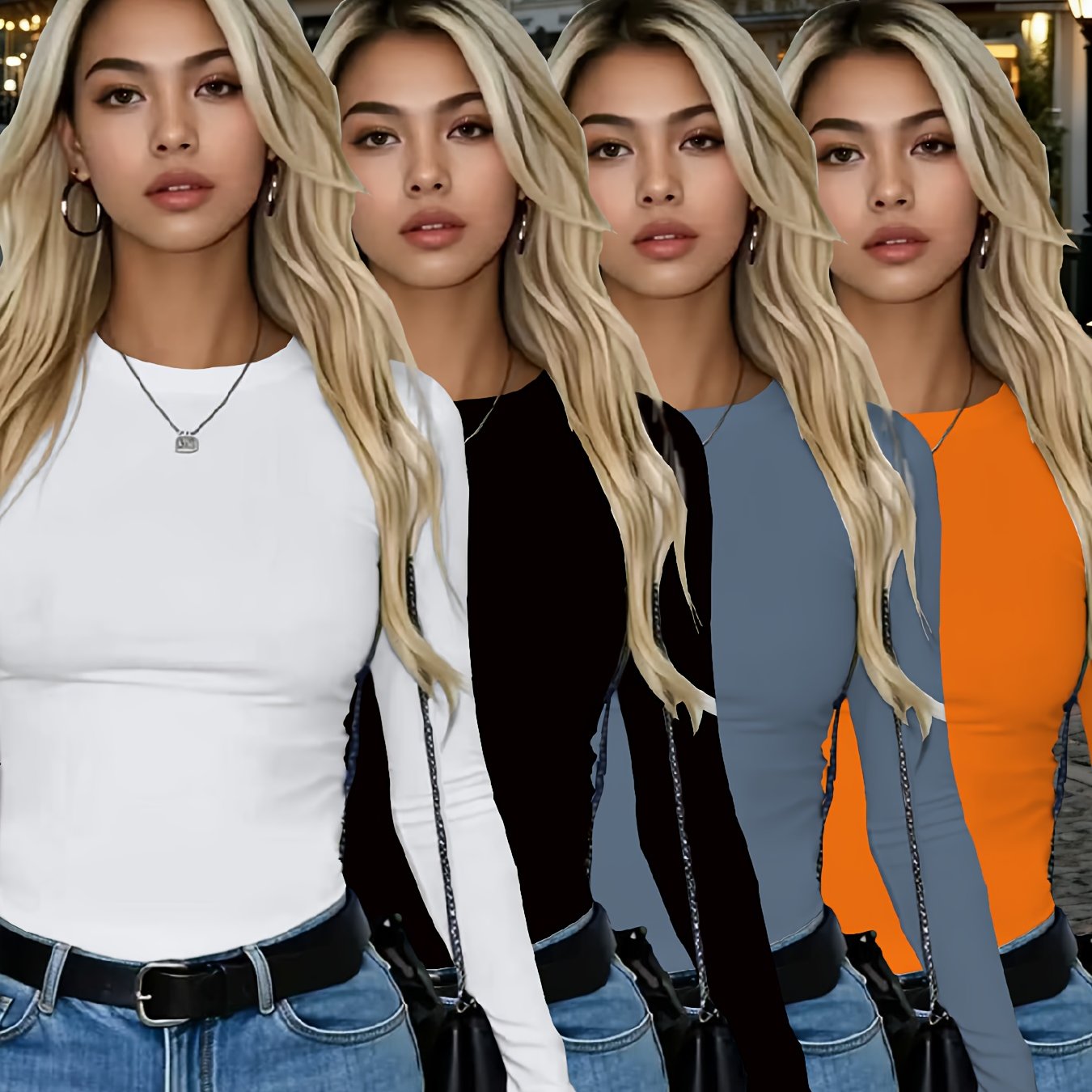 4er-Pack Damen Langarmshirts Rundhals – Stretch Basic-Tops Uni-Farben