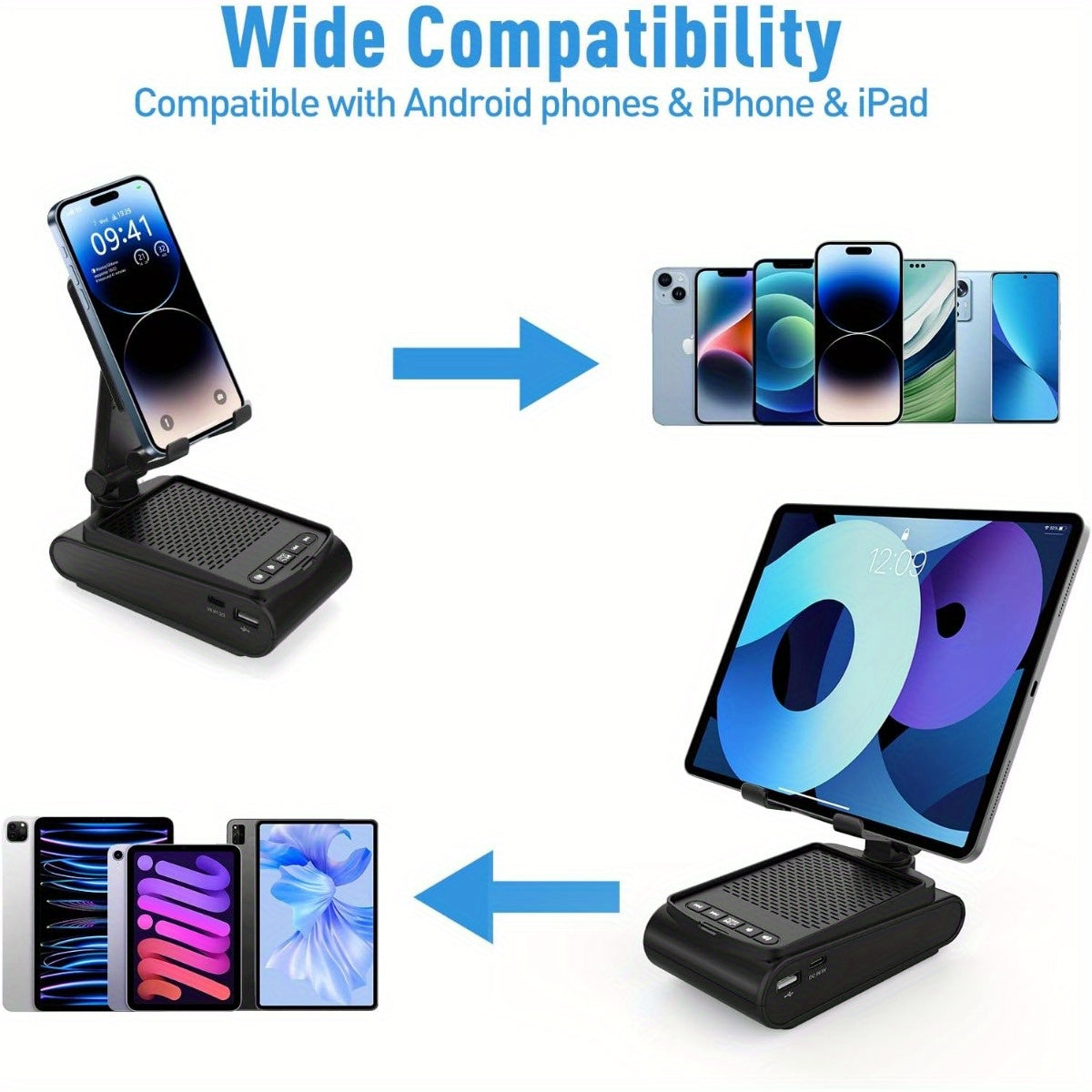 Kabelloser Stereo‑Lautsprecher mit Handyhalter und HD Surround Sound, USB, ≤36V, Polymer‑Akku